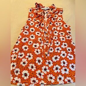 LOFT Orange Floral Tie-Neck Ruffle Shell Blouse, XSP, Like New